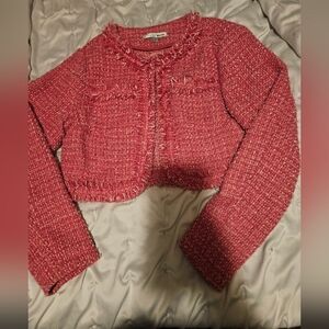 Cropped Textured Tweed Jacket in Coral Pink